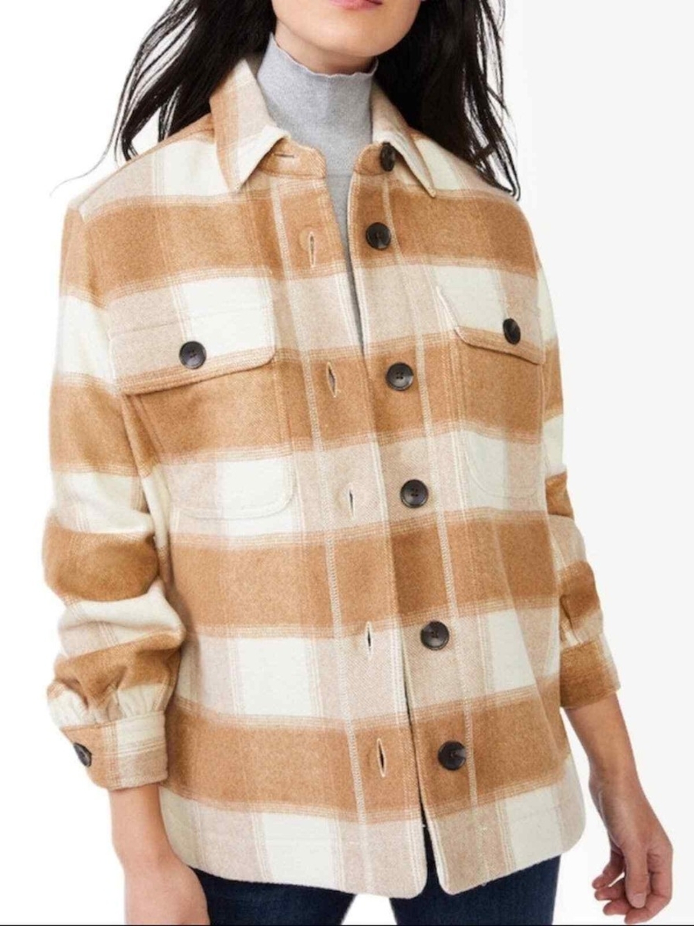 Women's Camel & Cream Plaid Button-Front Shacket